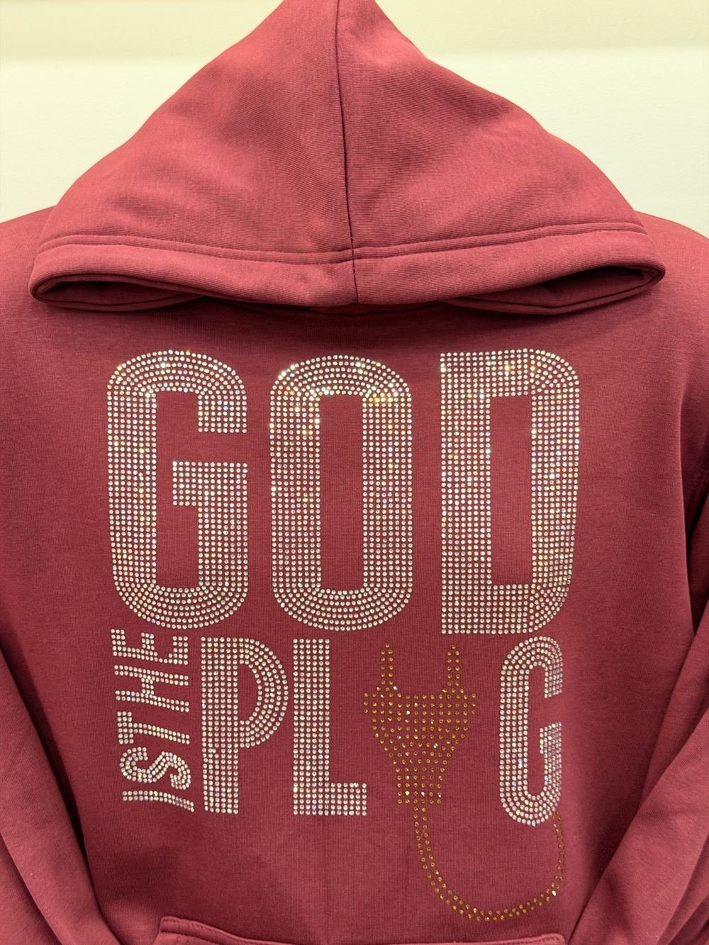 Red hoodie with crystal lettering